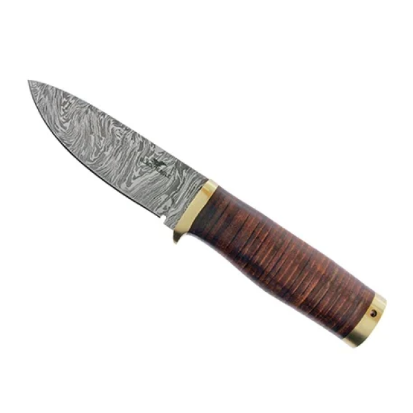 Bushcraftmes damast met leren greep