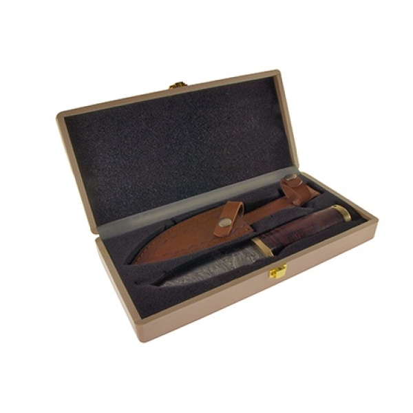Bushcraftmes damast met leren greep kistje